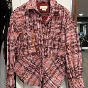 Anthropologie Pink & Burgundy Plaid Jacket with Orange Accents